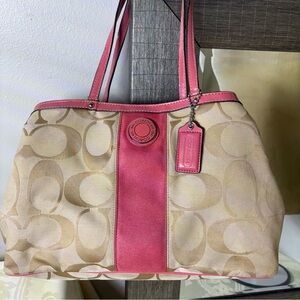Coach signature stripe framed carryall khaki satchel with pink leather trim